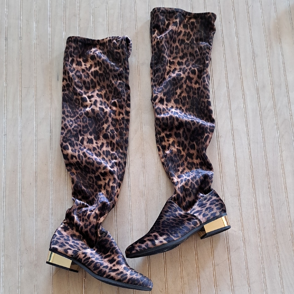 Bamboo Leopard Print Y2k Over The Knee Stretch Gold Heel Statement Sock Boots